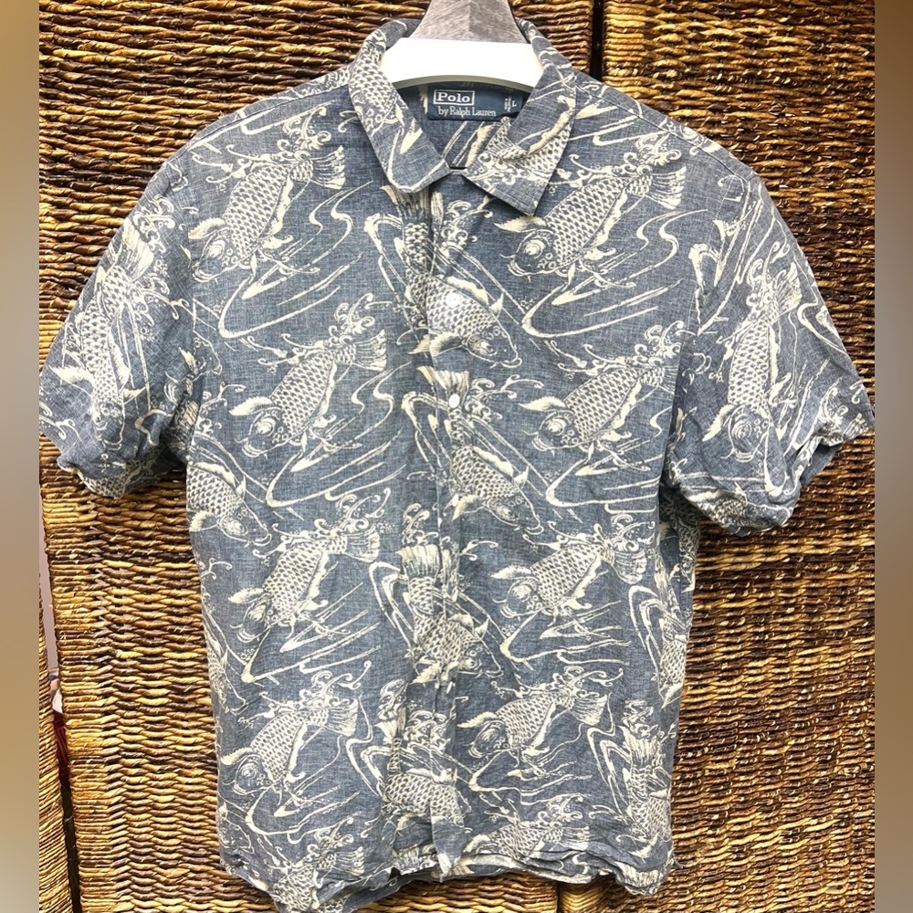 Polo by Ralph Lauren - Blue/Gray Koi Fish Print Vintage Men's Shirt-Size: Large